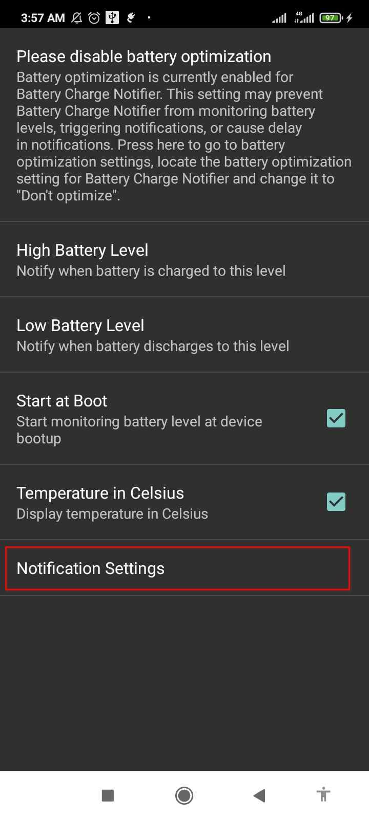 Notification settings to configure repeating charging alerts.