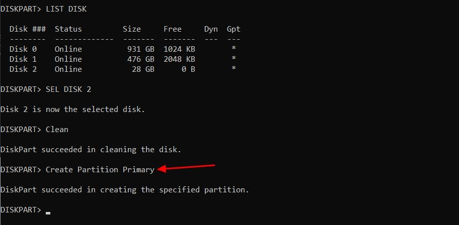 Partition creating command in Command Prompt.