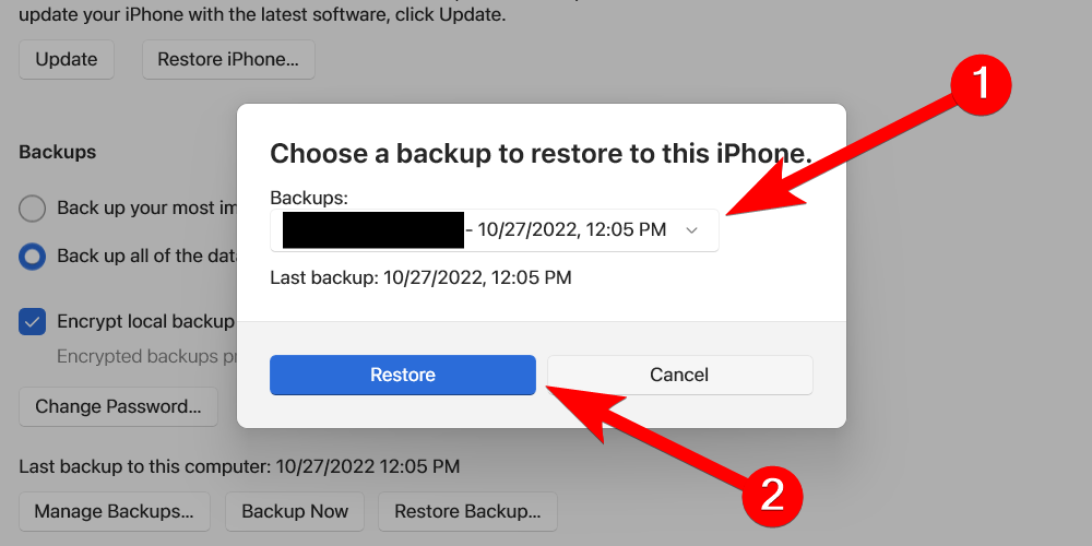 Choosing an iPhone backup in Apple Devices on Windows.