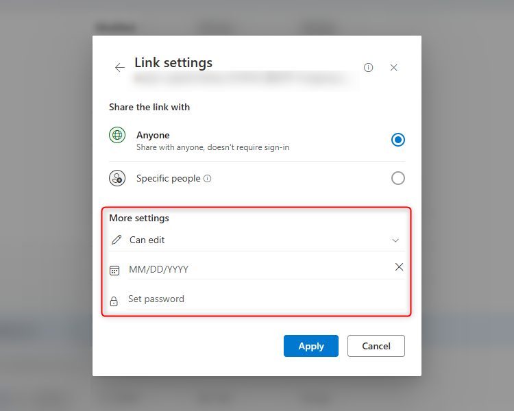 The OneDrive link-sharing dialog box with the More Settings area containing secure features, such as an expiry date and a password option.