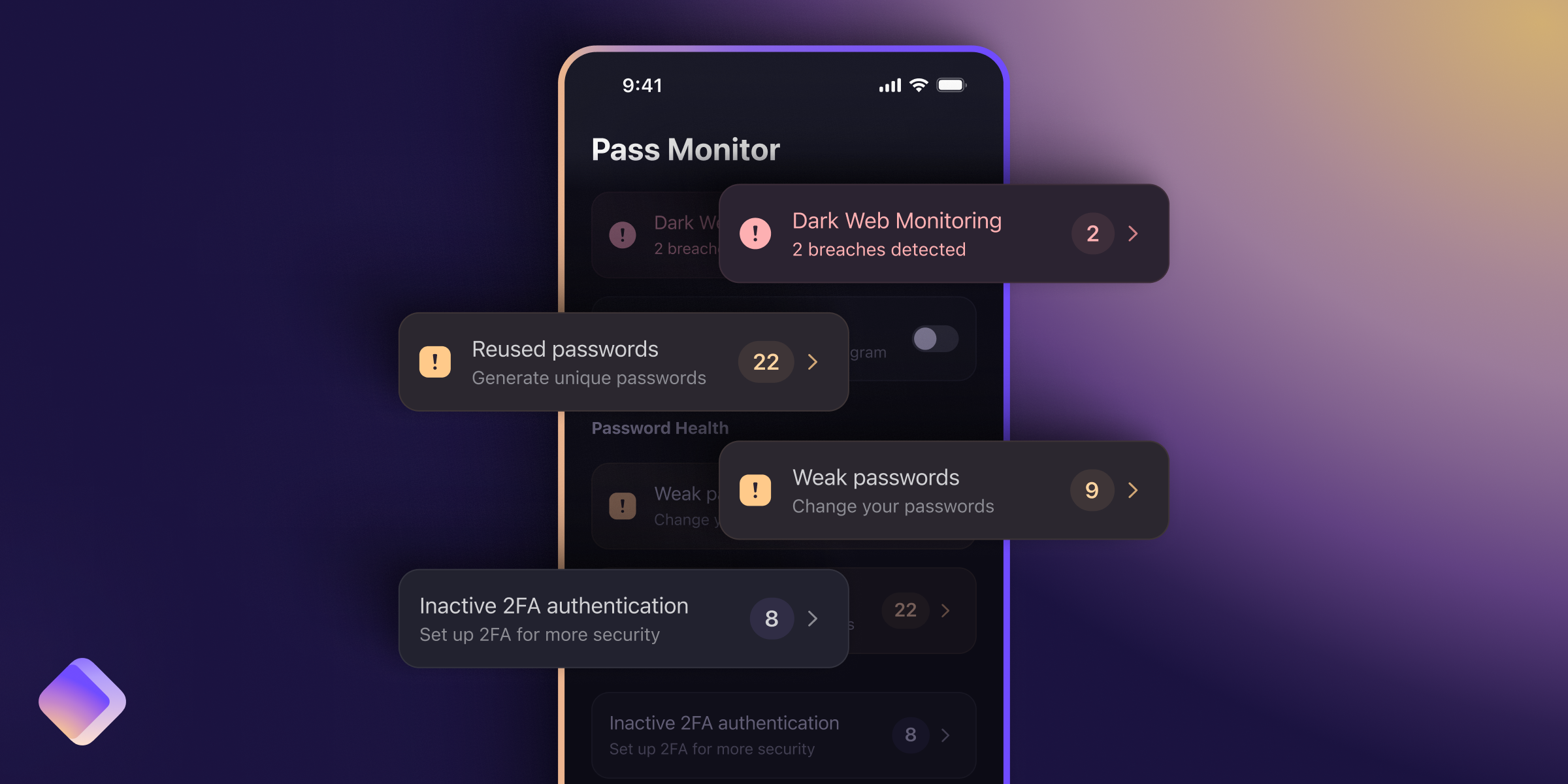 An illustration of Dark Web Monitoring and Weak Password alerts in Proton Pass Monitor.