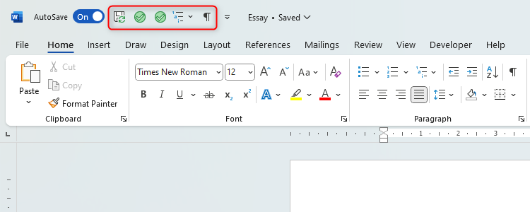 Word's Quick Access Toolbar, which contains the Save, Multi-level List, and Show All icons, as well as two custom green-tick icons.