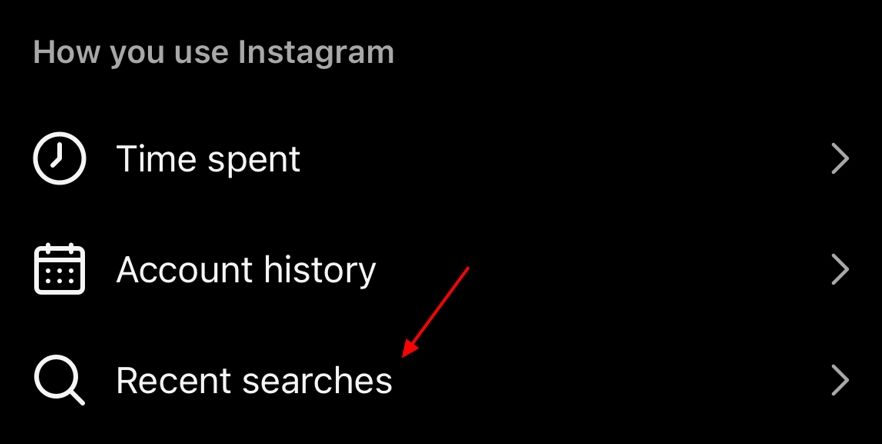 Recent Searches option in the Instagram Settings menu.