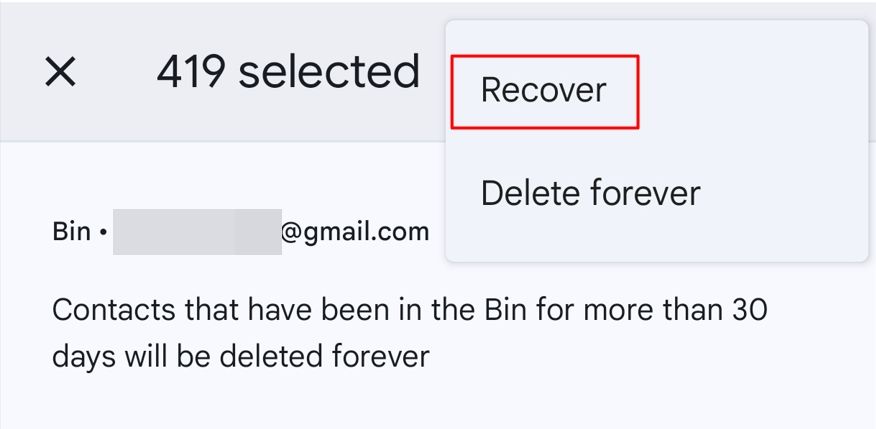 Recover option in the Contact Bin window.