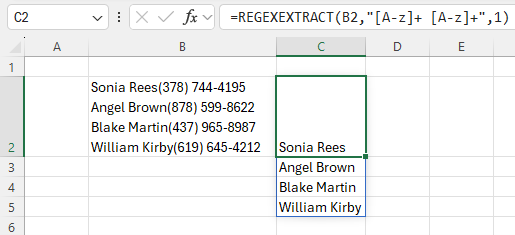 Excel screenshot using the REGEXEXTRACT function to extract names from a cell.