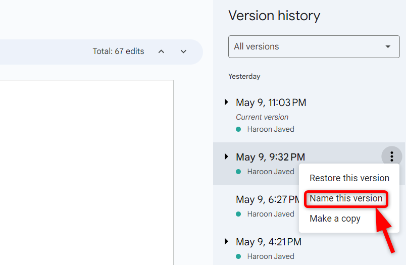 Renaming a version of a Google slides by clicking three dot icon to the right of the time stamp in version history.