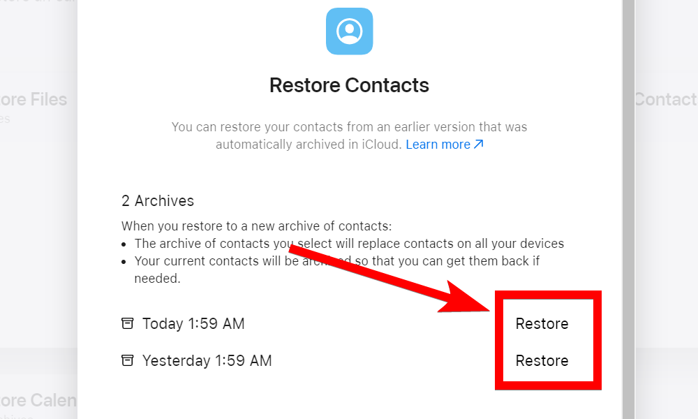 Picking which archives to restore when restoring contacts on the iCloud website.