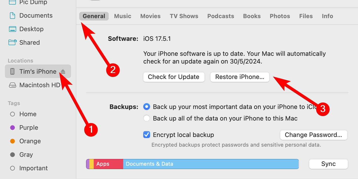 Restoring a backup using the Finder on Mac.