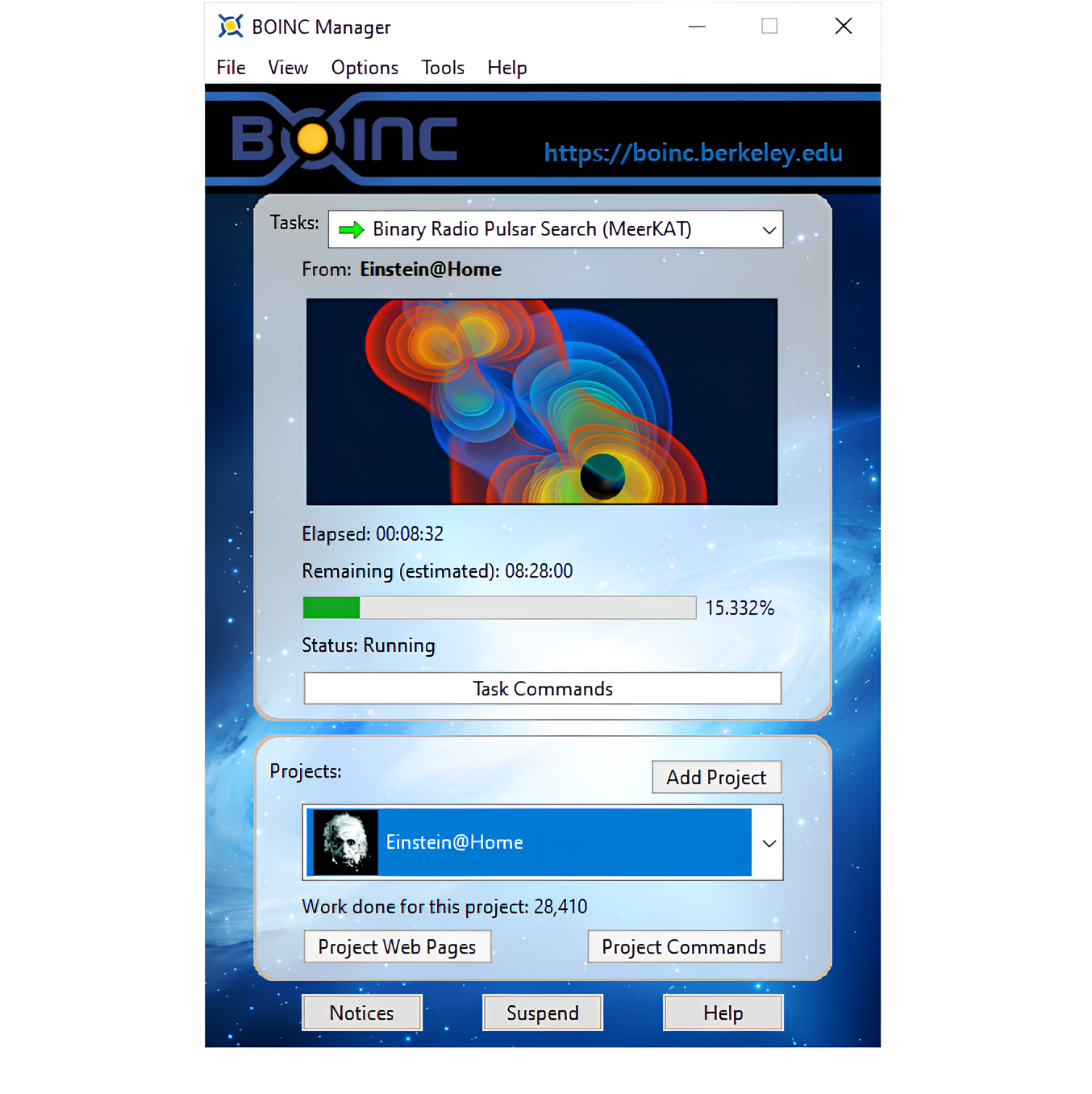 BOINC manager running Einstein@Home.