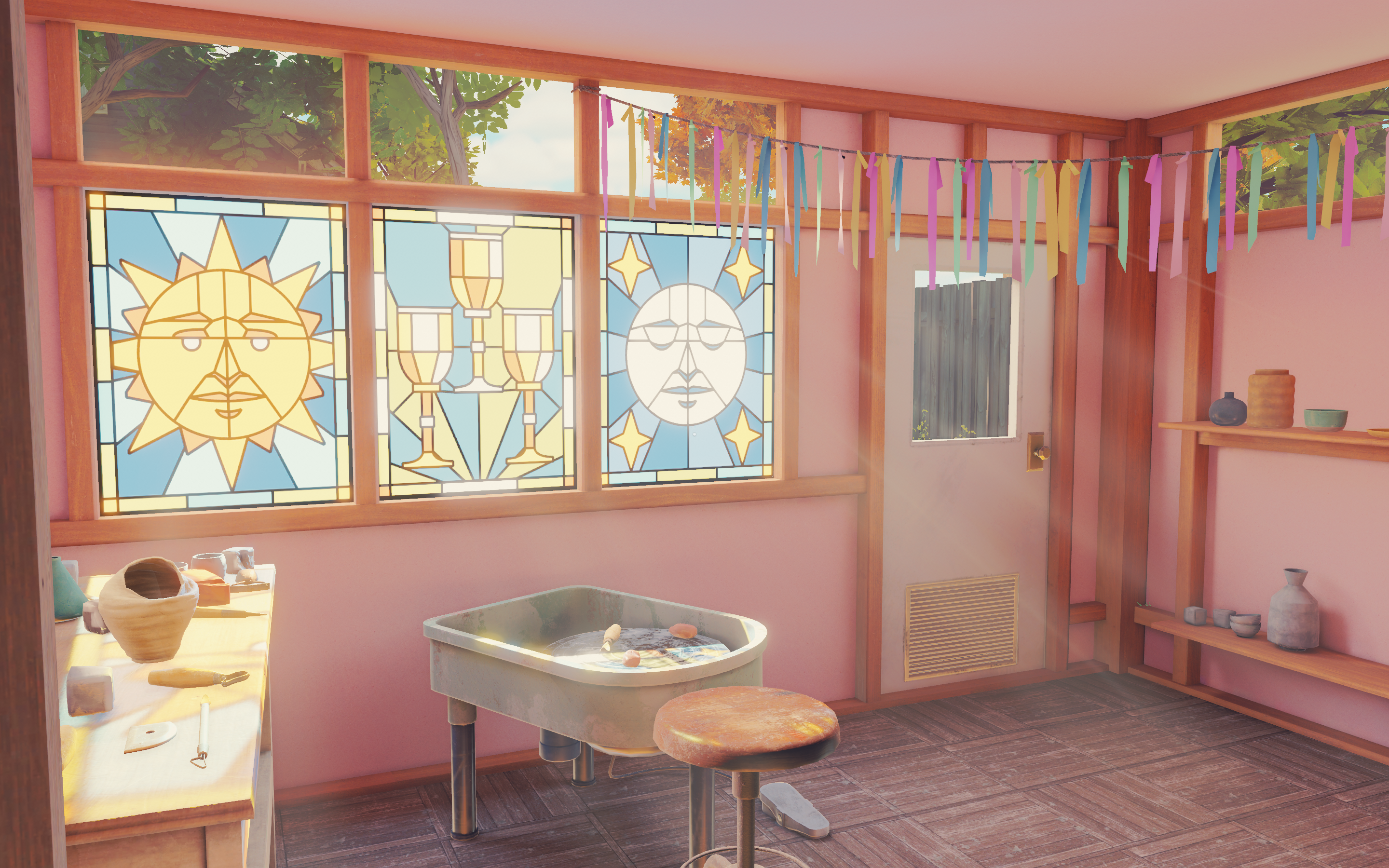 A screenshot of a virtual pottery room with stained glass windows in the game "Open Roads."