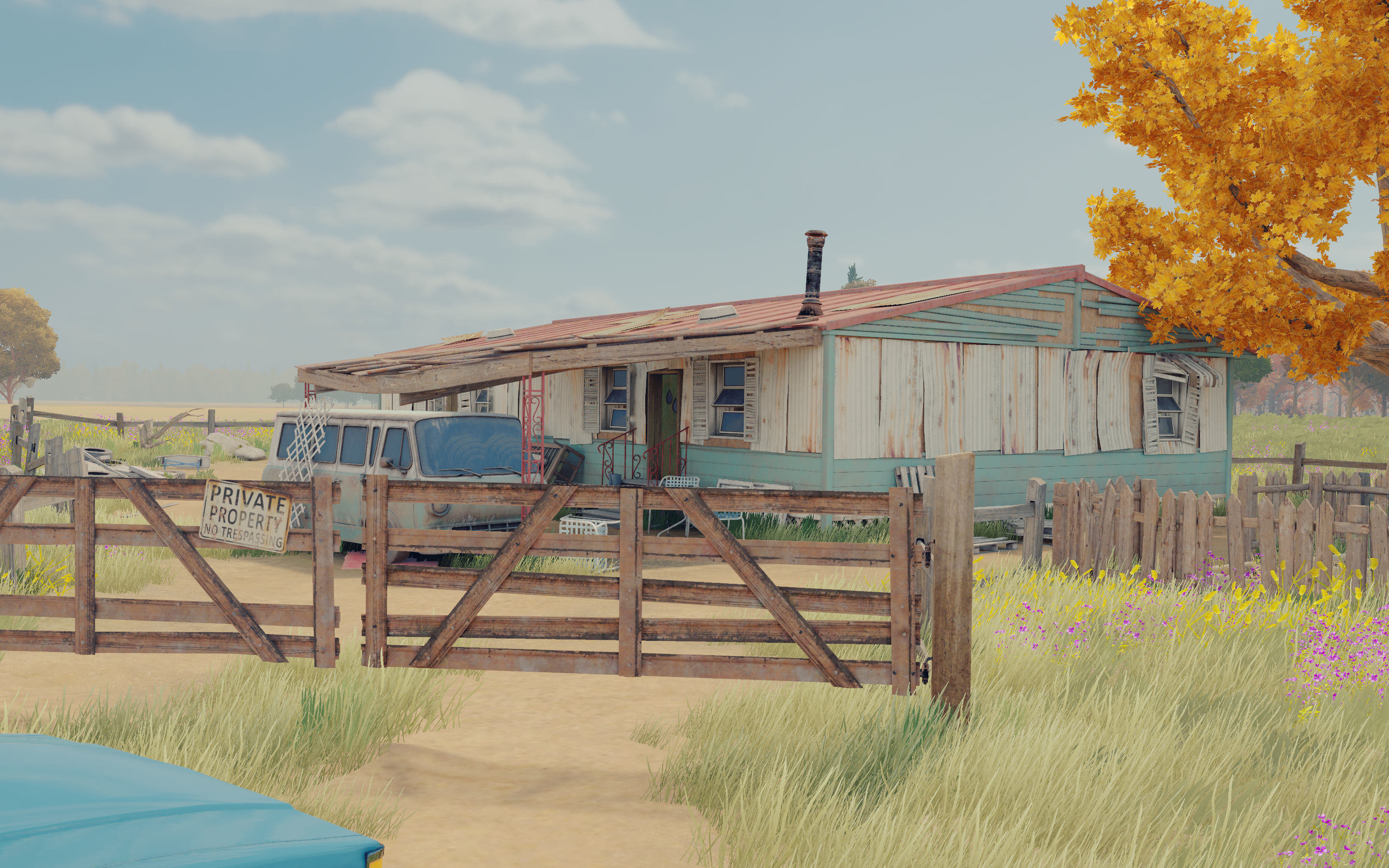 A screenshot of a virtual run-down house in the game "Open Roads."