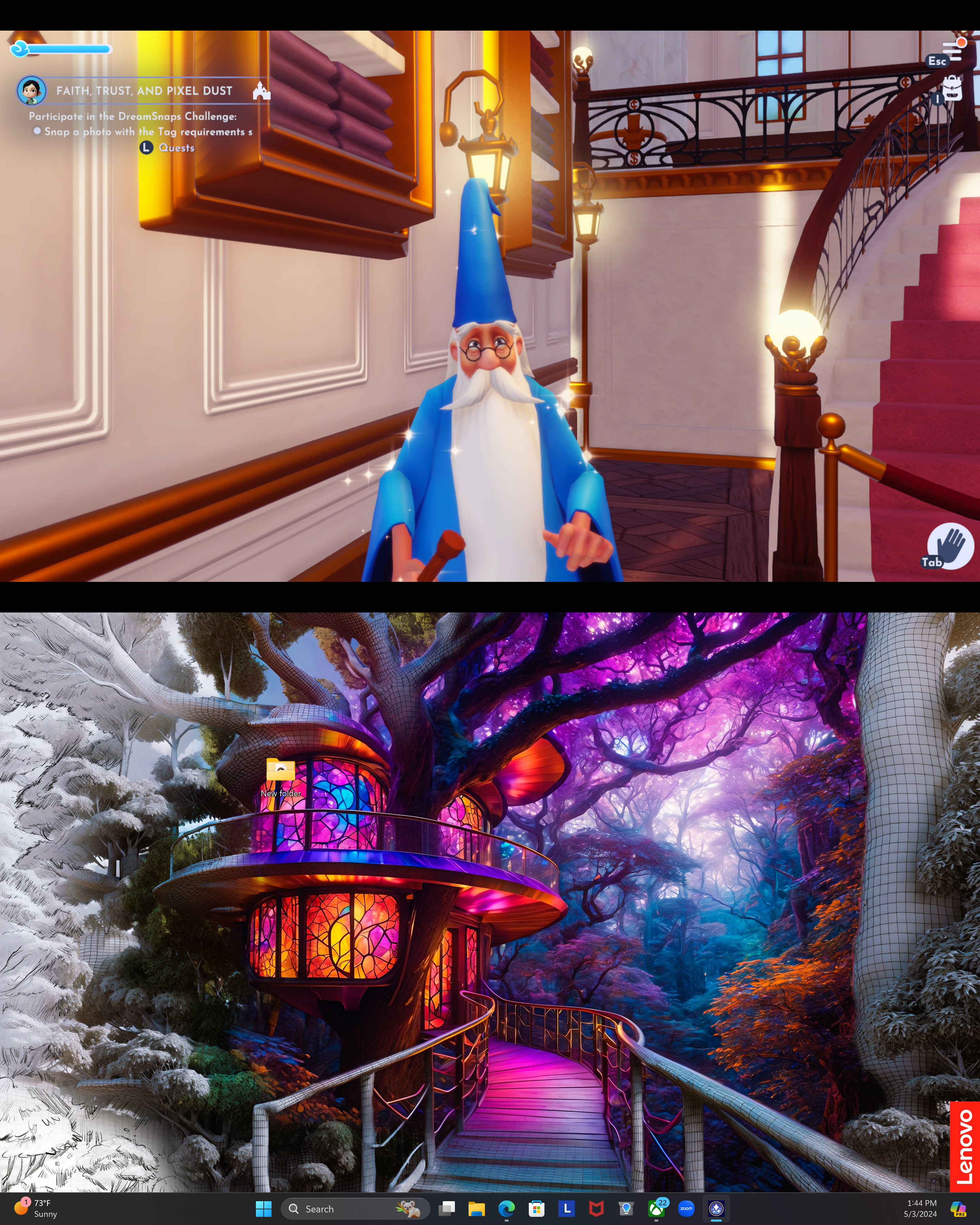 A screenshot of Merlin in the game "Disney Dreamlight Valley" and the home screen of a PC.