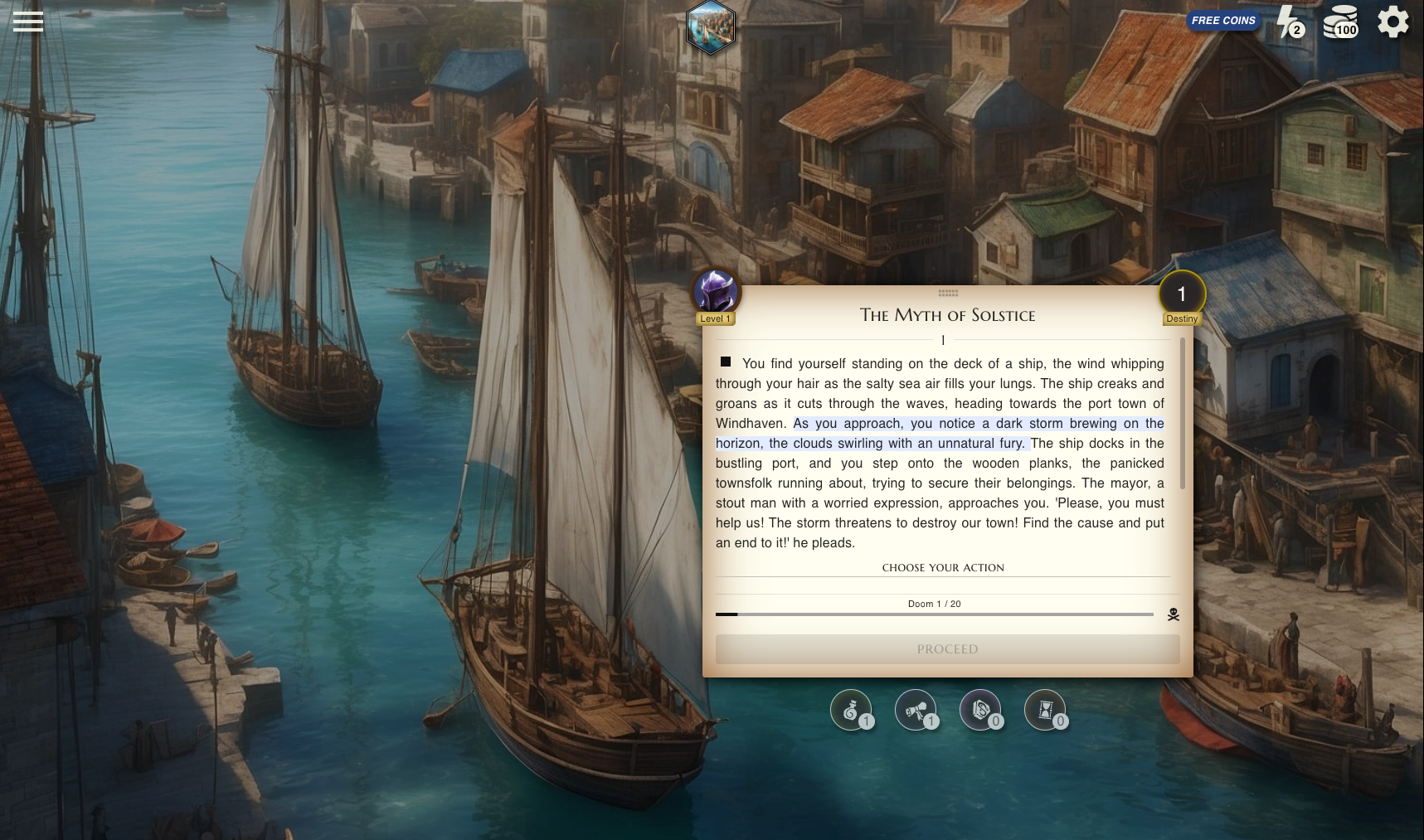 A game screen from Myth Maker AI showing a backdrop of a fantasy town and text.