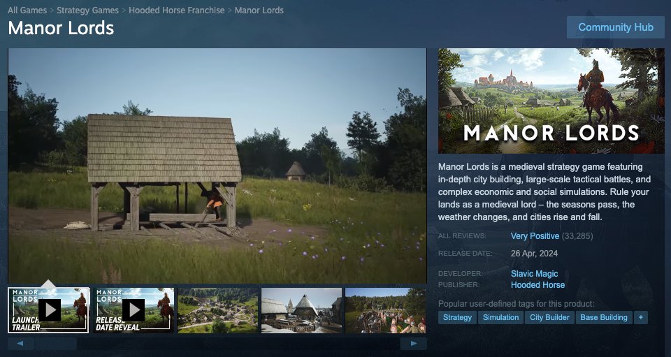The store page for the early access version of Manor Lords.