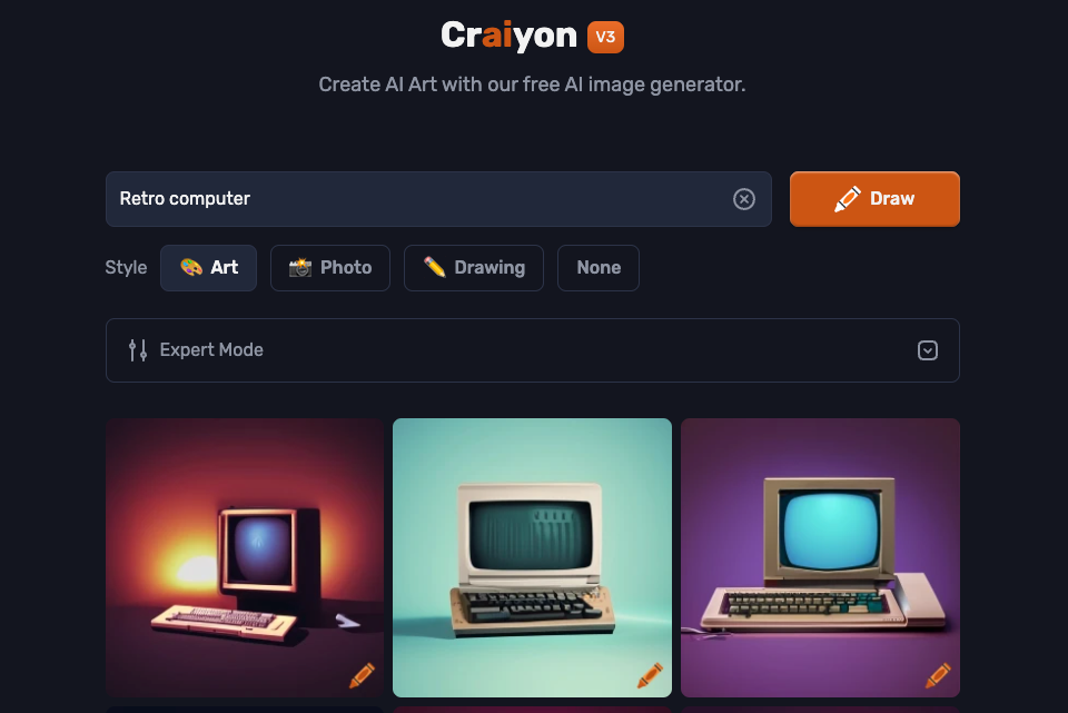 Craiyon image generation front end showing the prompt 'retro computer' and some example images.