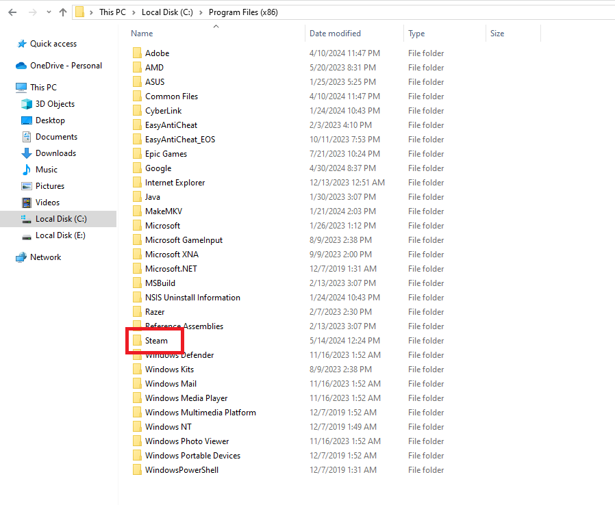 The "Steam" folder in the Windows File Explorer.