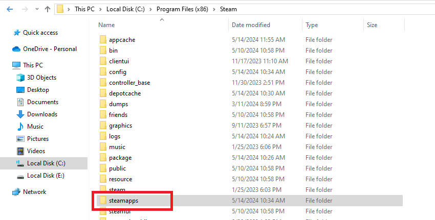 The "Steamapps" folder in Windows File Explorer