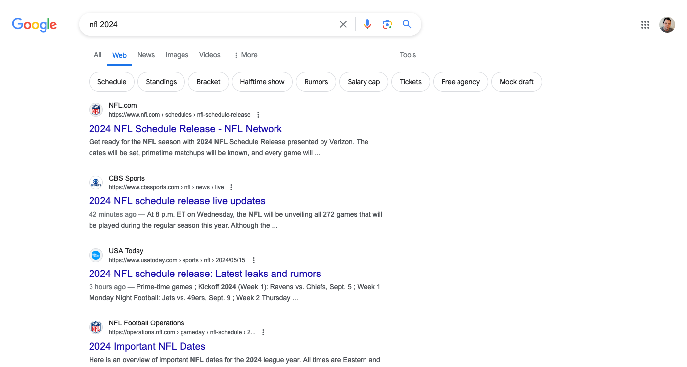 Google Search screenshot for "nfl 2024" results in web mode, with just links and link descriptions.