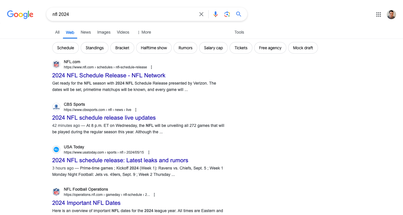 Google Search screenshot for &ldquo;nfl 2024&rdquo; results in web mode, with just links and link descriptions.