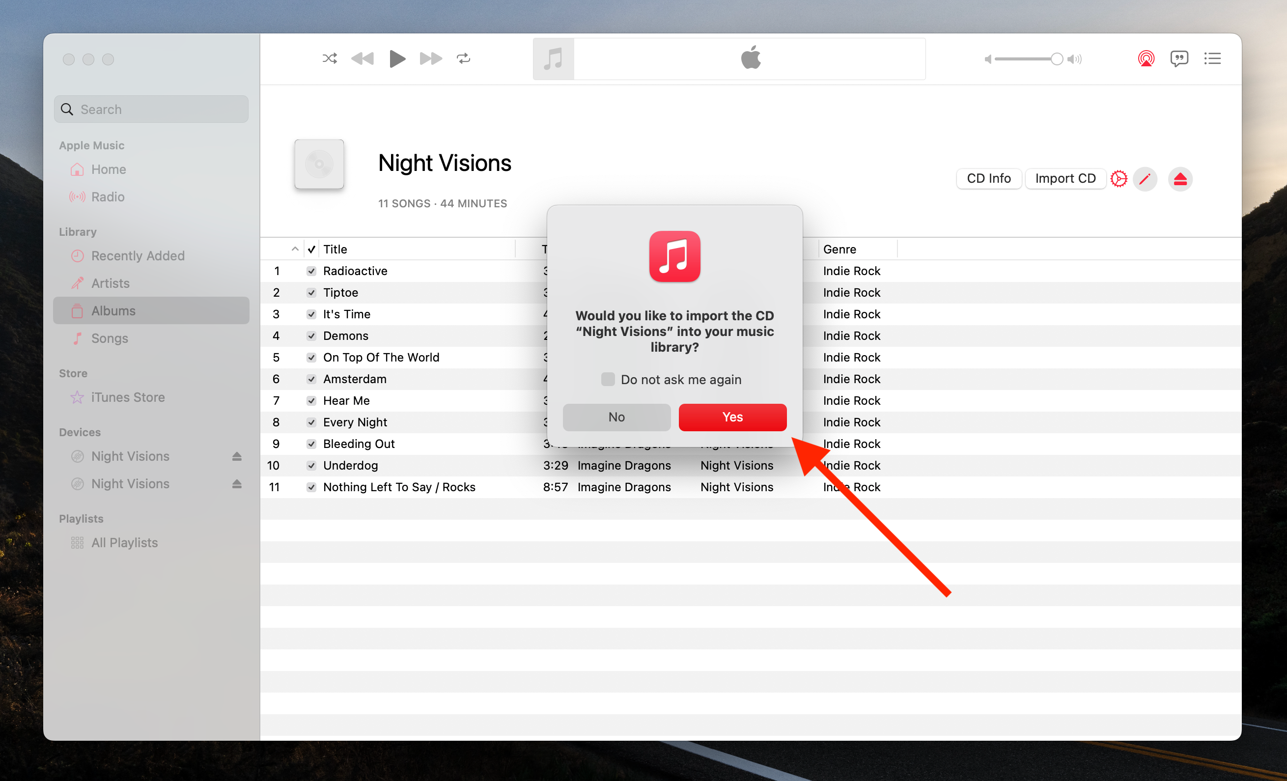 Music app with a CD called "Night Visions" and an import prompt window.