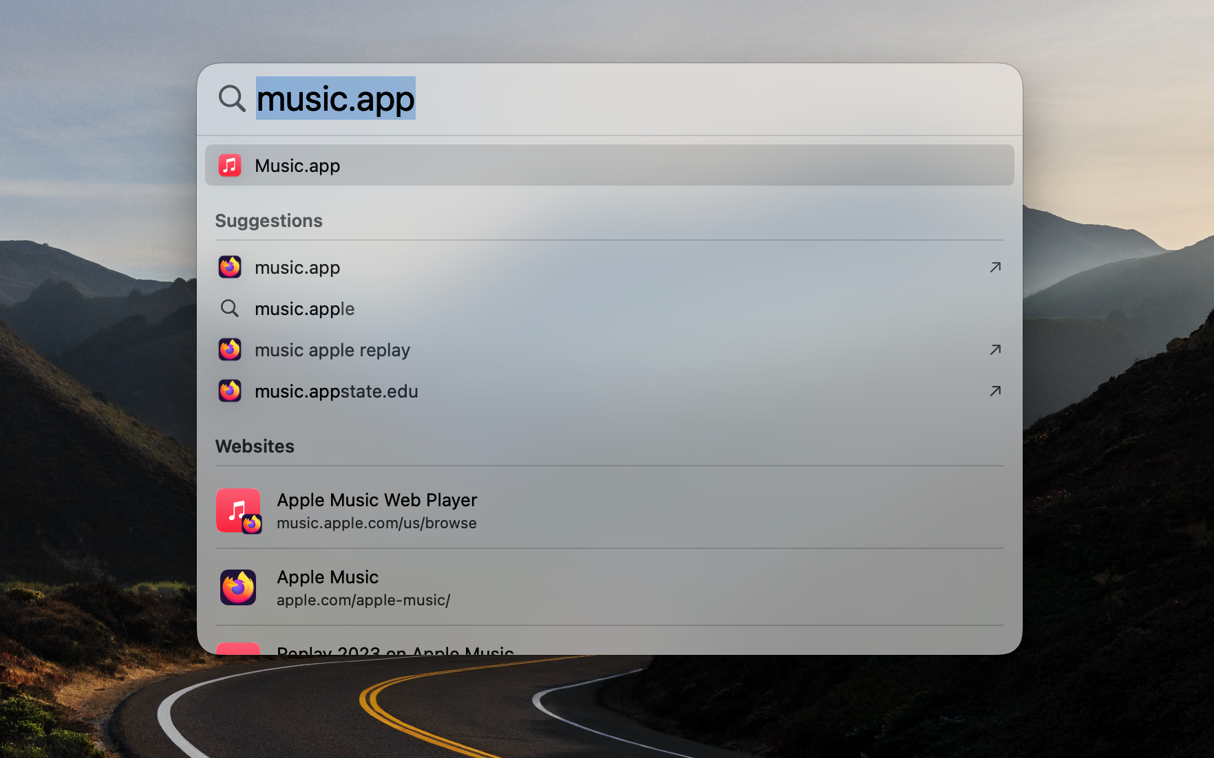 Spotlight search result screenshot for "music.app"