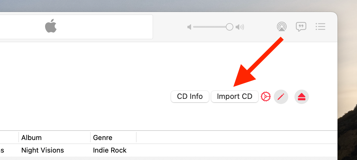 Red arrow pointing to the Import CD button