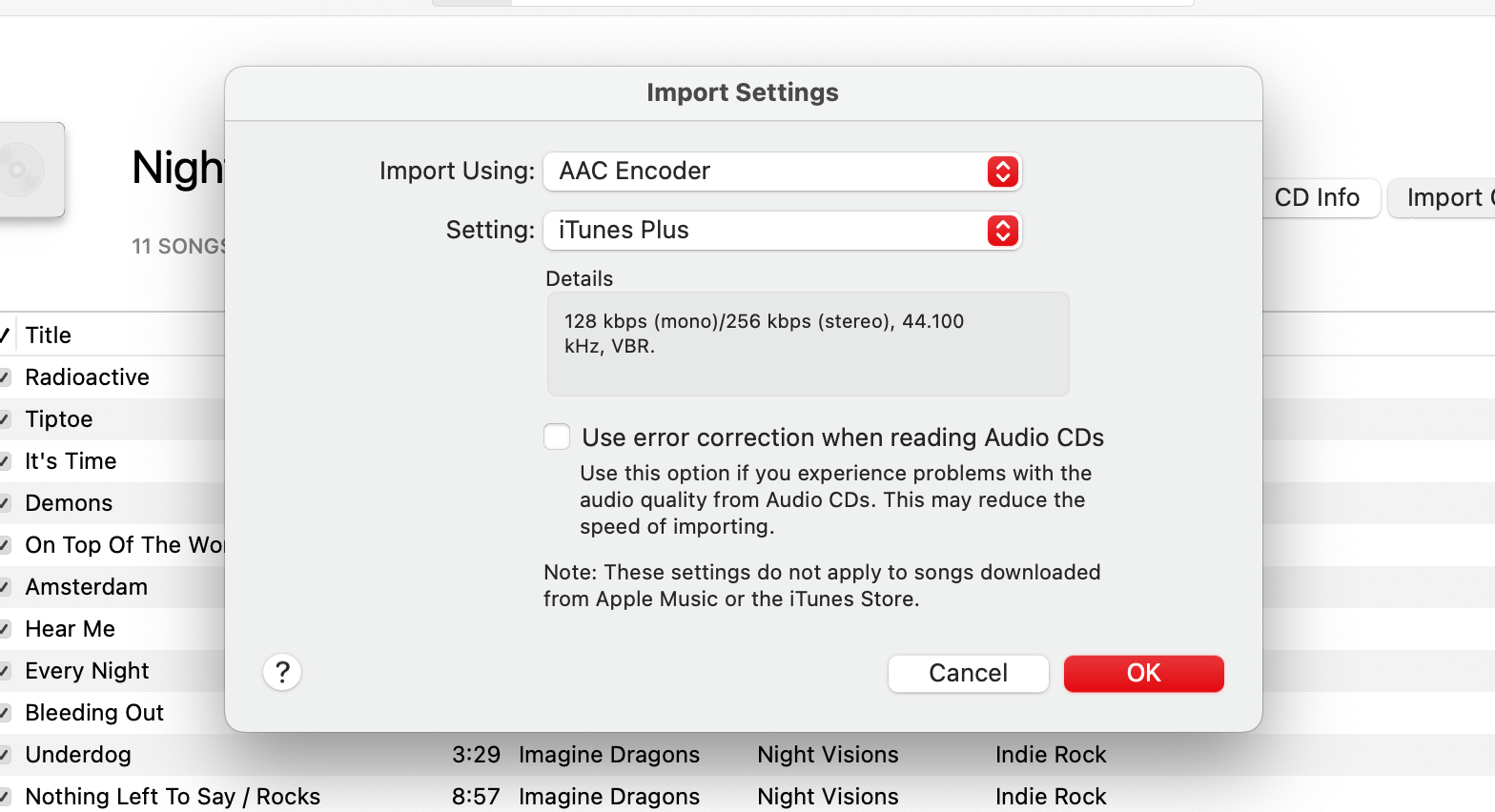 Import settings for an audio CD in Music