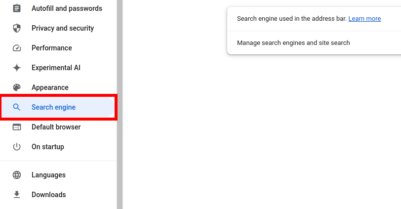 Click the 'Search Engine' menu option in the settings page for Chrome.