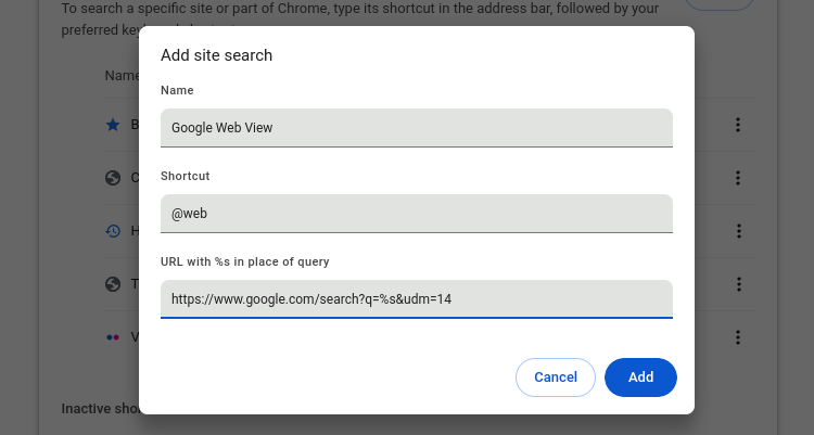 The site search creation dialog in a Chromium browser.