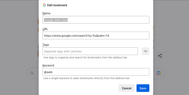 A completed custom site search bookmark in Firefox with a keyword.
