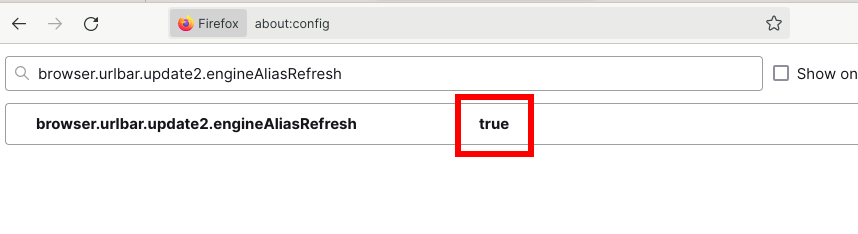 Firefox's custom default search engine setting with the 'true' toggle highlighted.