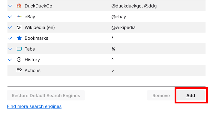 Search engine list in Firefox's settings with the 'Add" button enabled and highlighted in red.