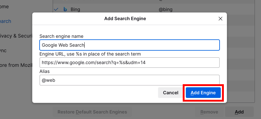 The 'Add Search Engine' dialog box in Firefox with the 'Add Engine' button highlighted in red.