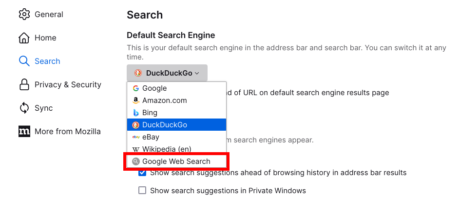 Firefox default search engine menu with a custom search visible and highlighted.
