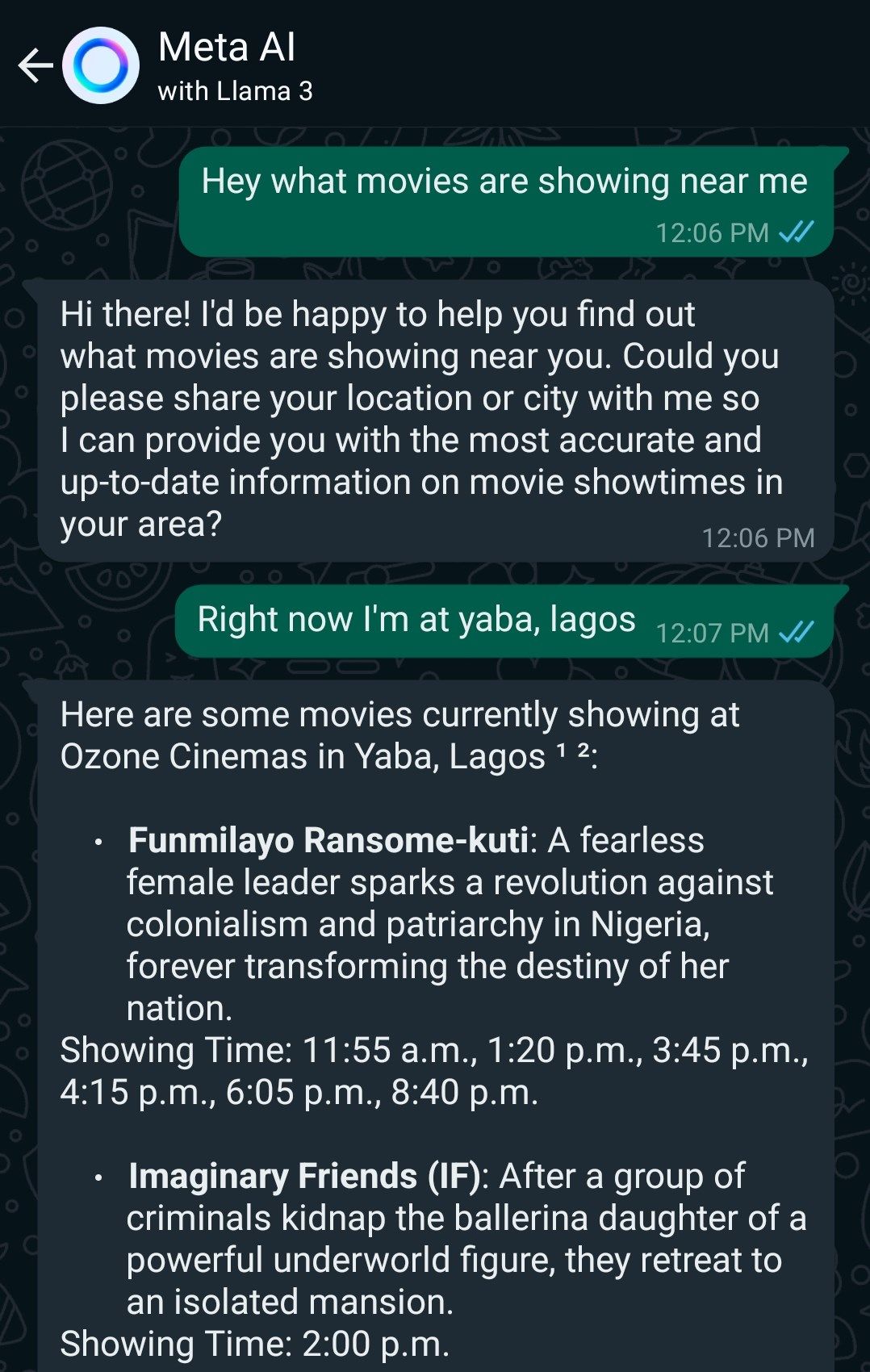 A conversation with Meta AI asking for what movies are currently showing