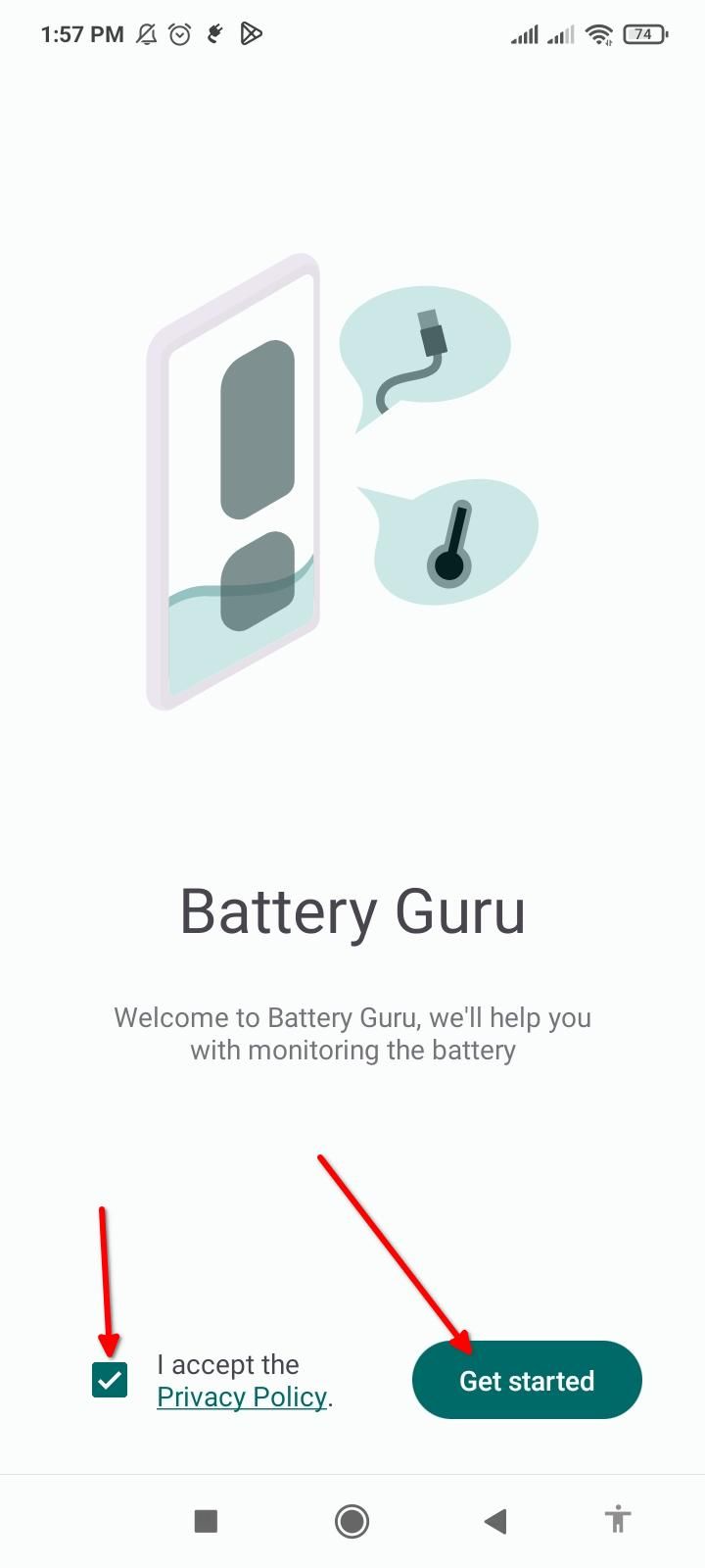 Accepting the Battery Guru privacy policy.