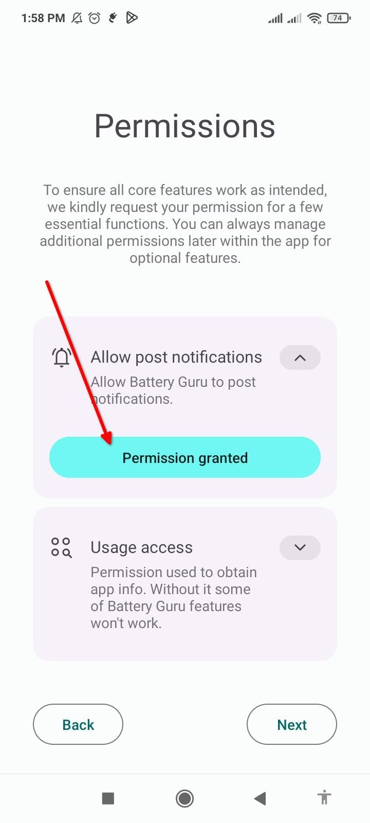 Granting notification access to Battery Guru.