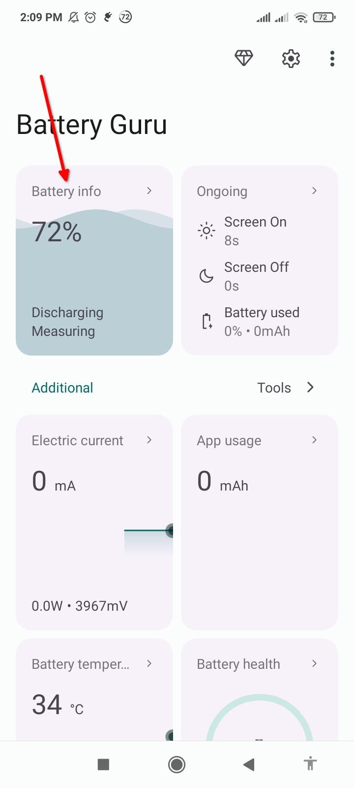 Highlighting the Battery Info tile in Battery Guru.