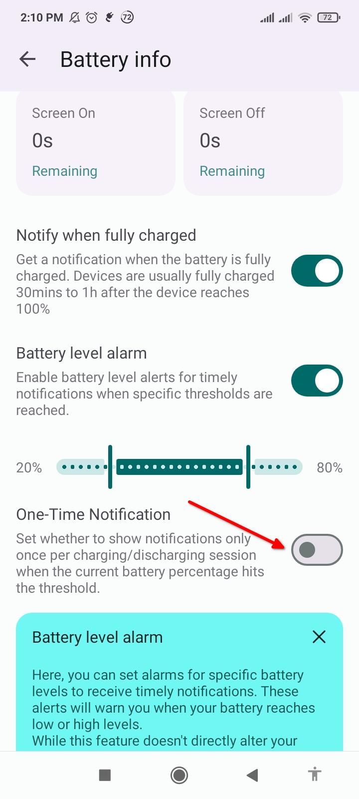 One-time notification alert in Battery Guru.