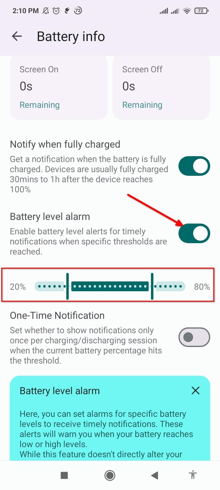 Configuring the battery level alarm in Battery Guru.