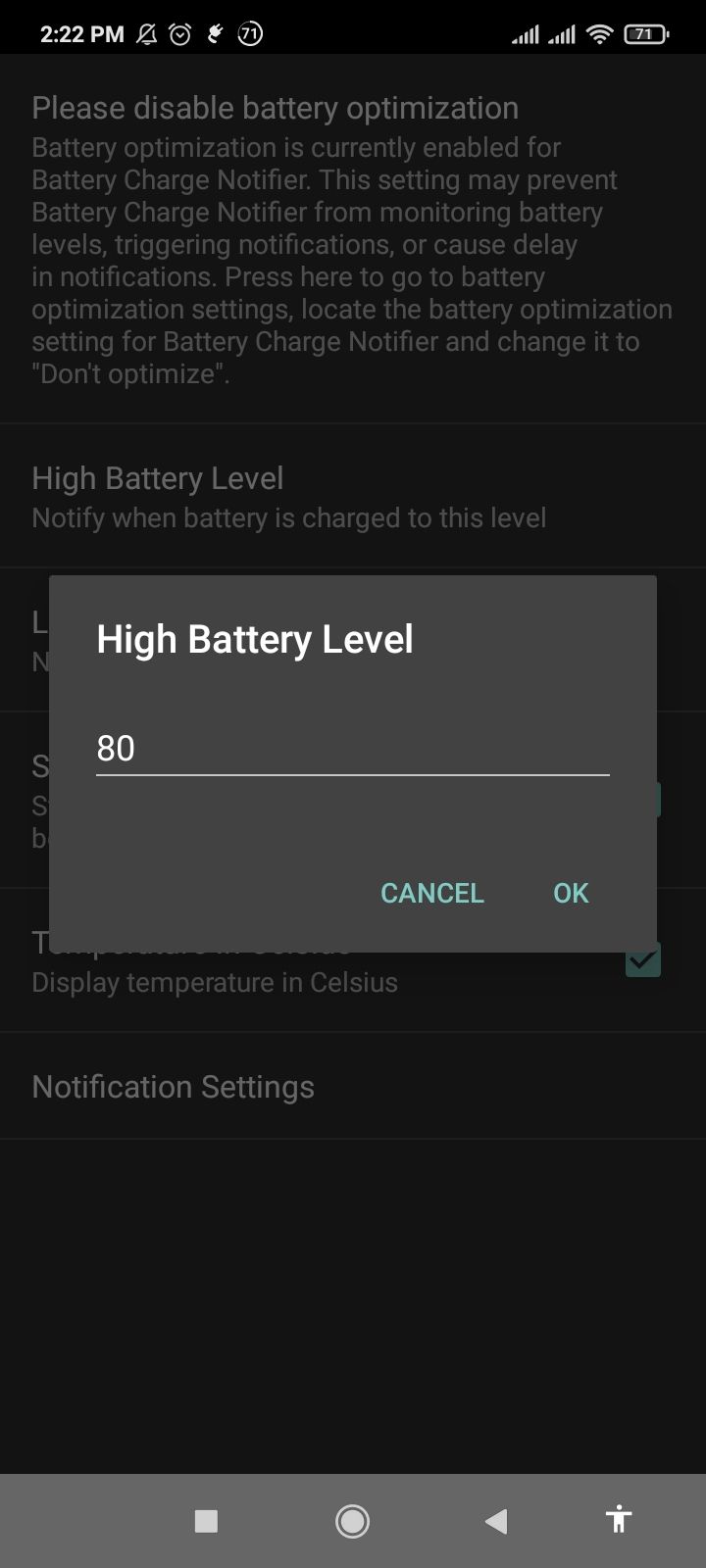 Typing the battery percentage for the high battery level alert in Battery Charge Notifier.