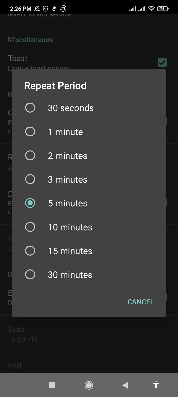 Setting an interval of five minute for repeating charging alerts.