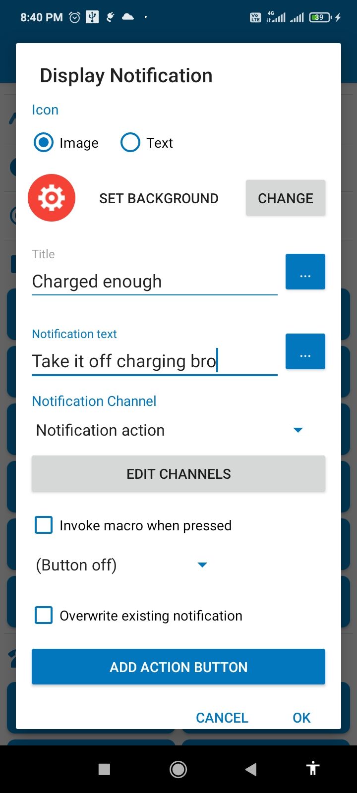 Manually entering notification text and title for the macro action.