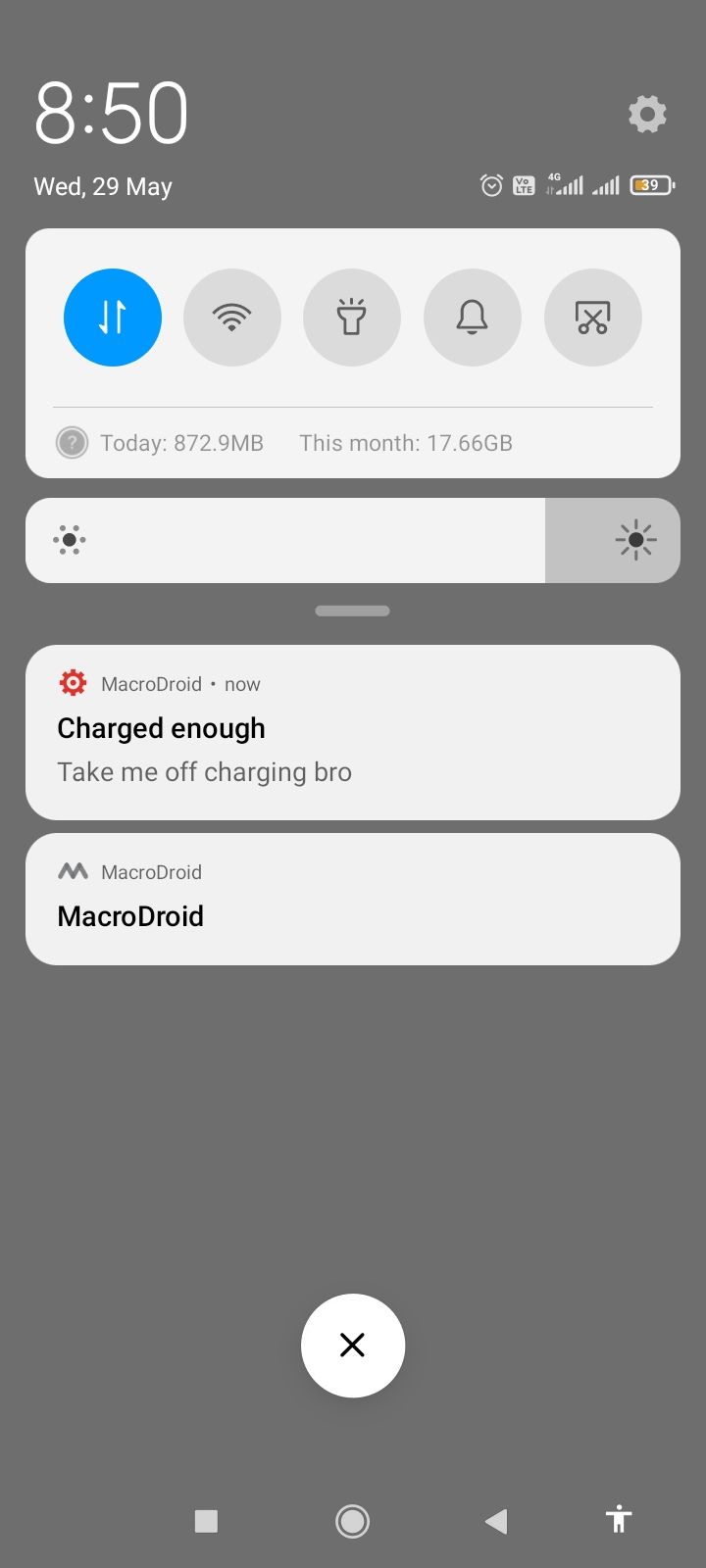 Testing the charging notification alert macro in MacroDroid.