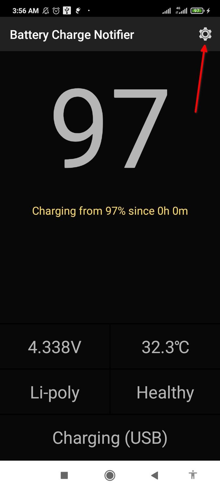 Tapping the settings button on Battery Charge Notifier.