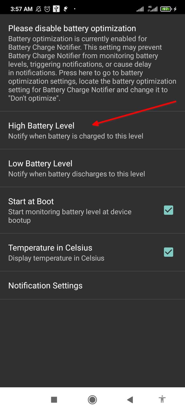 Battery level settings in Battery Charge Notifier.