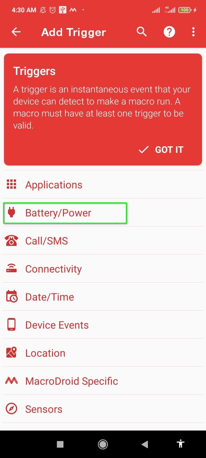 Creating a battery level trigger in MacroDroid.