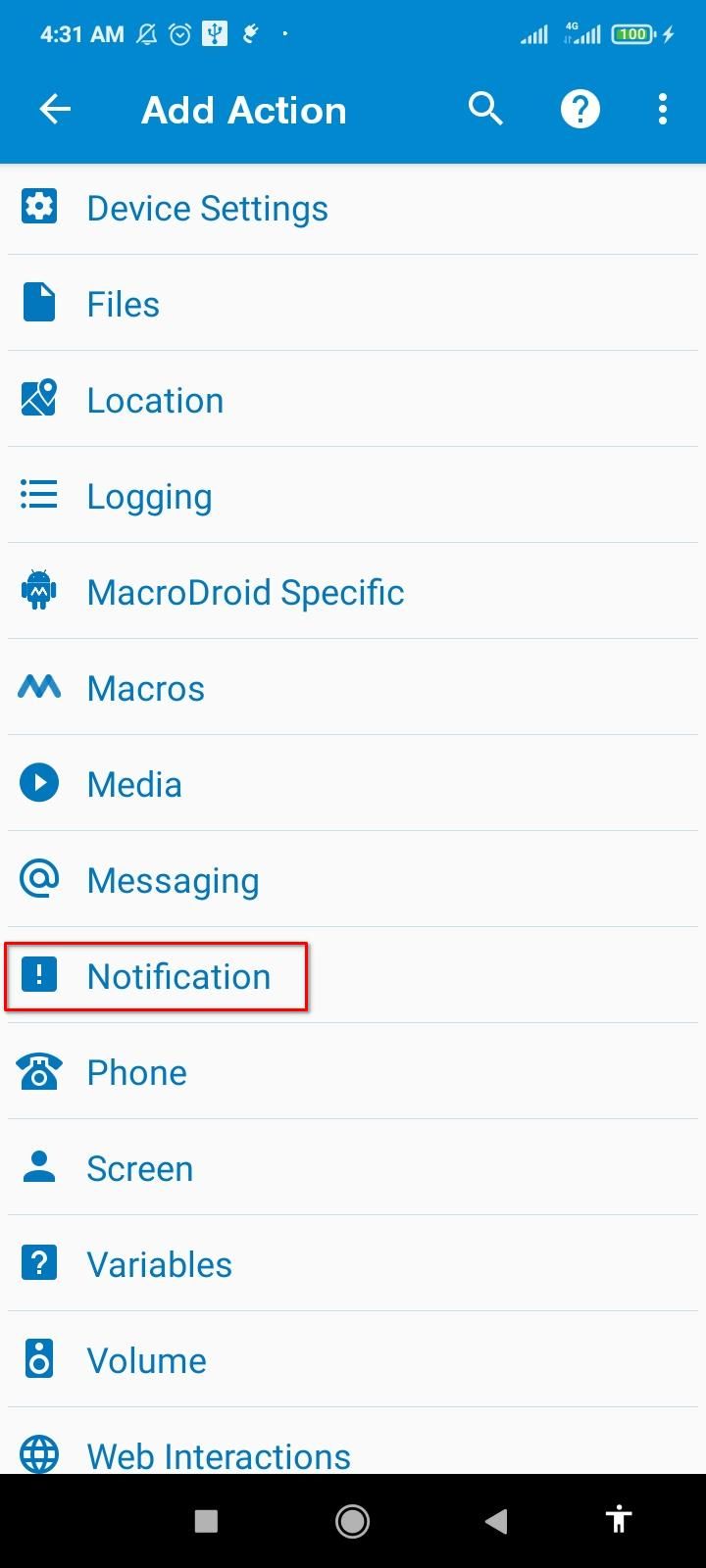 Notification action highlighted in the actions menu.