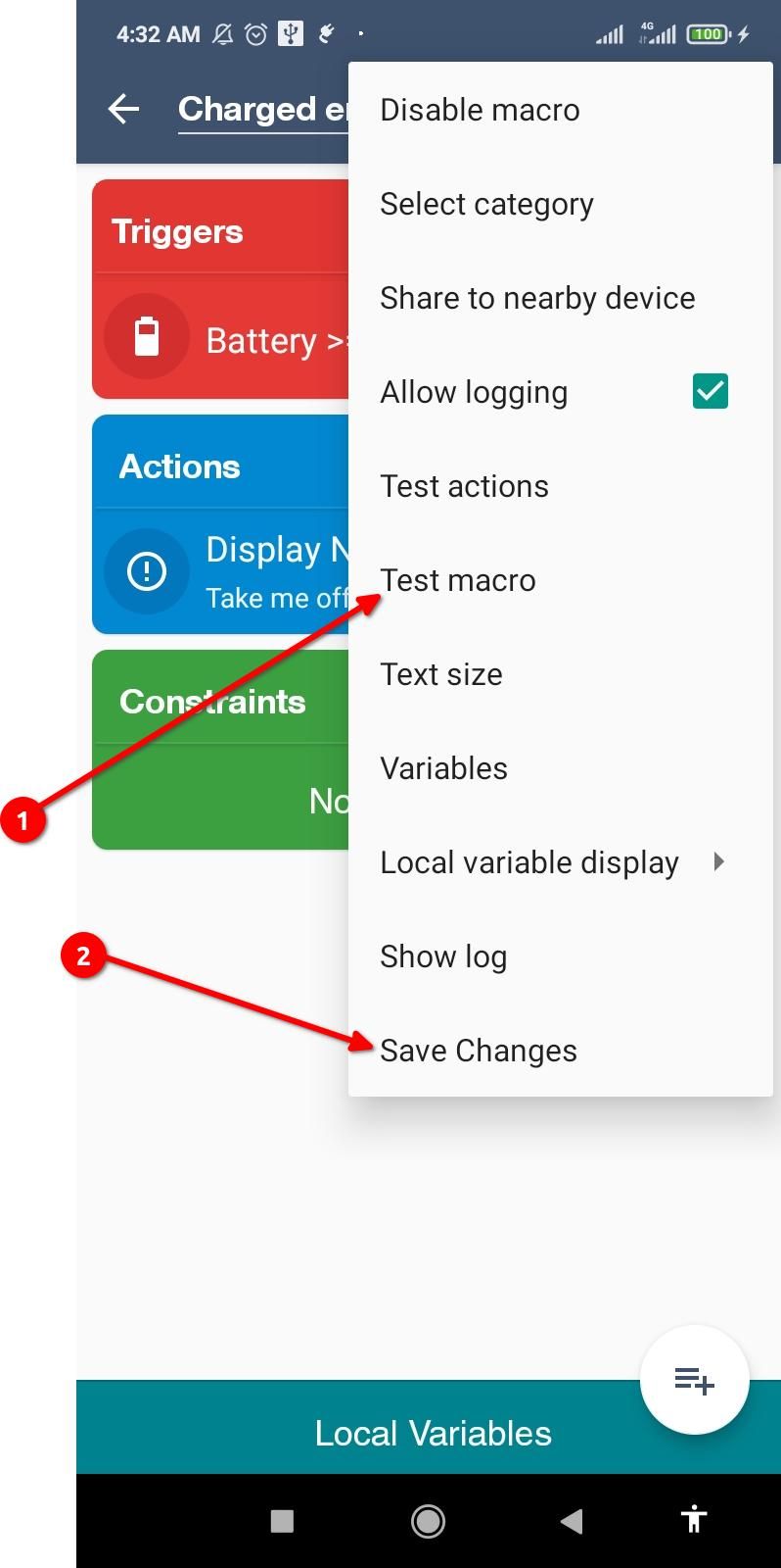 Steps for testing and saving a new macro in MacroDroid.