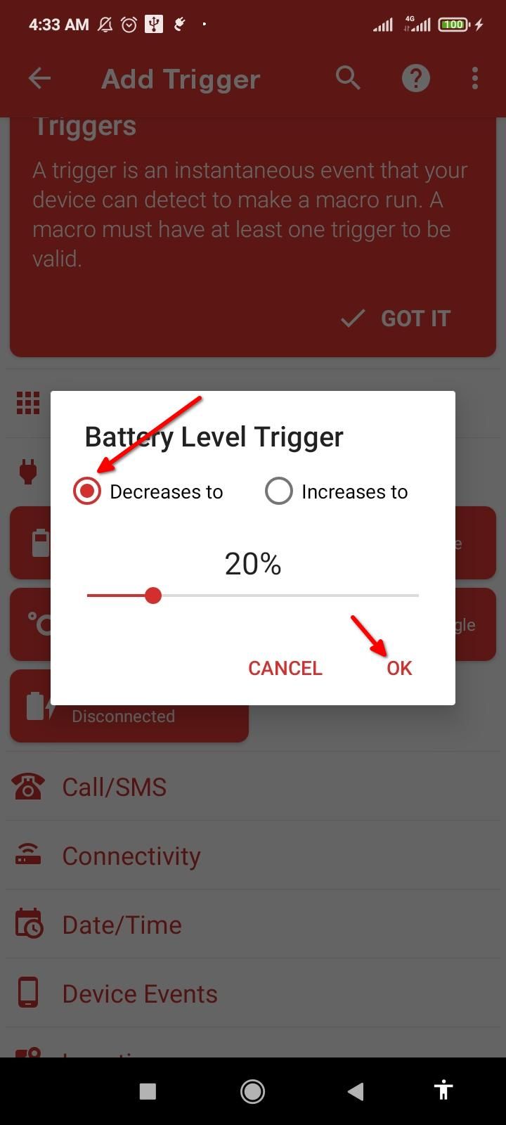 Configuring the low battery trigger in MacroDroid.